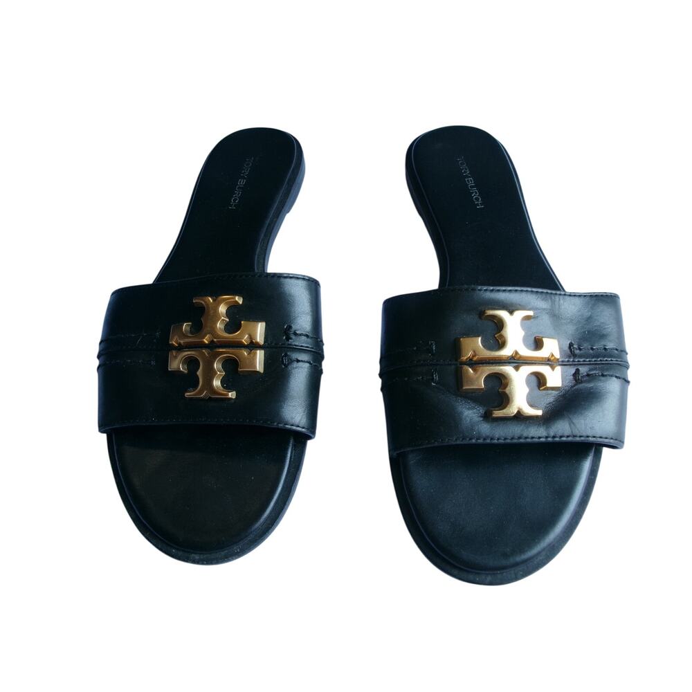 Tory Burch Black Leather Double T Logo Slide Sandals Gold Womens 7.5